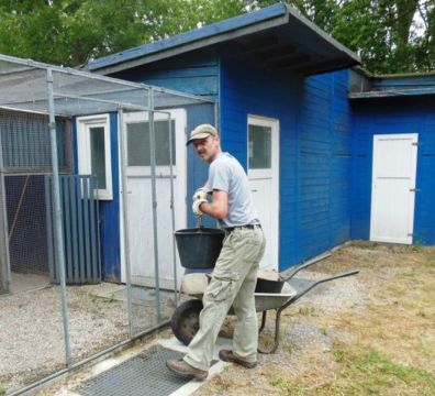 Bild 17 Rolf beim Sandaustausch der Volieren.JPG
